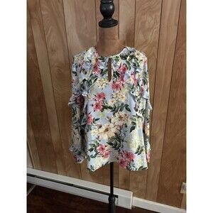 Pleione‎ Bell Sky Blue Floral Print Ruffle Blouse Nwts Size 12